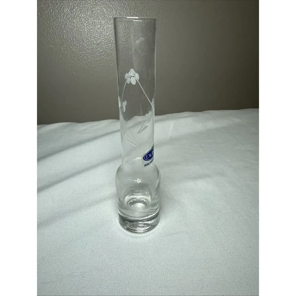 DUISKE Irish Handcut Etched Frosted Floral Design Leaves Clear Glass Vase 6” EUC